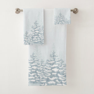 Watercolor Pine Trees Snow Pine Forest Bath Towel Set