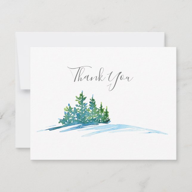 Watercolor Pine Trees Snowscape Thank You Card (Front)