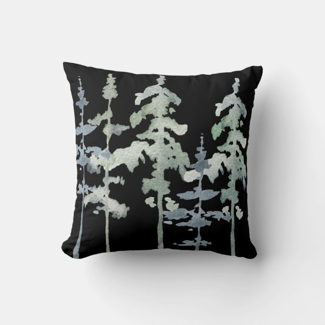 Watercolor Pine Trees, stripes, black background Cushion (Front)