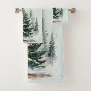 Watercolor Pine Trees Winter Pine Forest Bath Towel Set