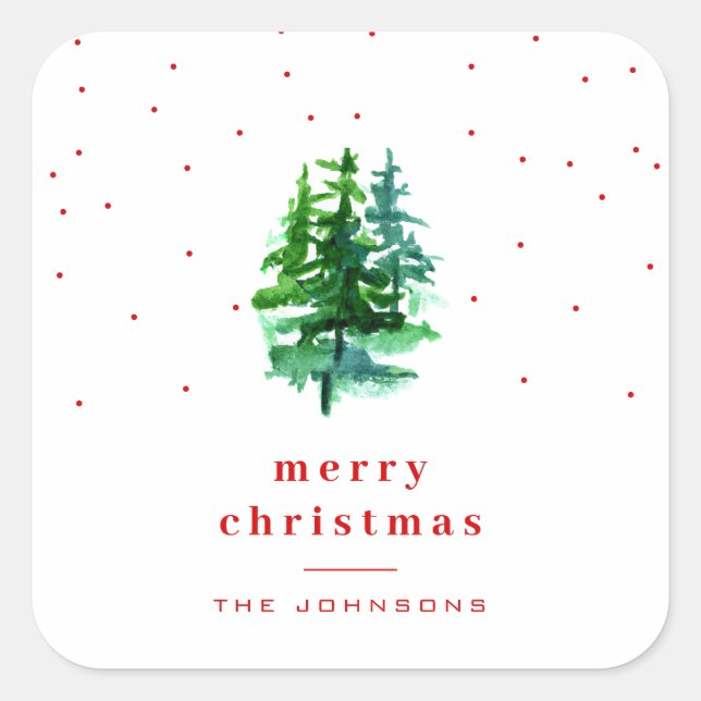 Watercolor Pine Trees with Red Merry Christmas  Square Sticker (Front)