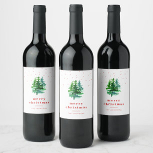 Watercolor Pine Trees with Red Merry Christmas Wine Label