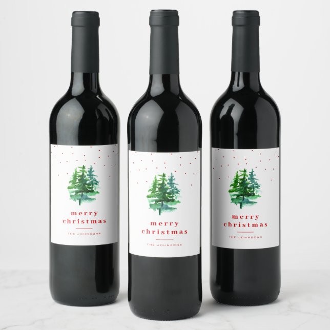Watercolor Pine Trees with Red Merry Christmas Wine Label (Bottles)