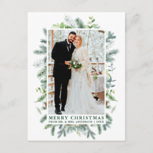 Watercolor Pine Wedding Photo Christmas Green Postcard