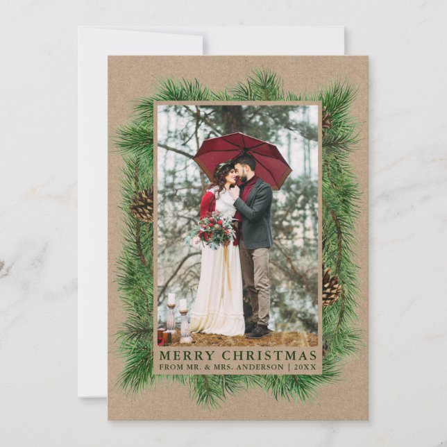 Watercolor Pine Wedding Photo Kraft Green Holiday Card (Front)