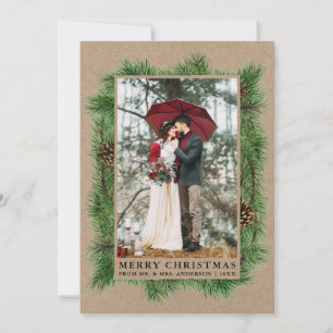Watercolor Pine Wedding Photo Kraft Holiday Card