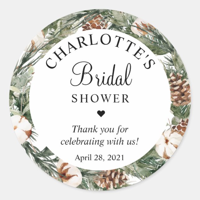 Watercolor Pine & Winter Greenery Bridal Shower  Classic Round Sticker (Front)