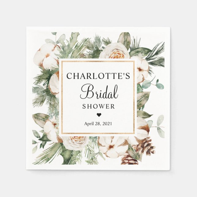 Watercolor Pine & Winter Greenery Bridal Shower Napkin (Front)