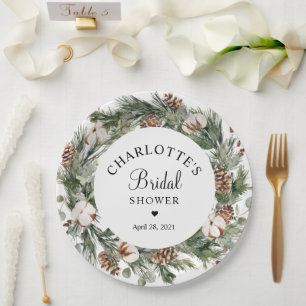 Watercolor Pine & Winter Greenery Bridal Shower Paper Plate