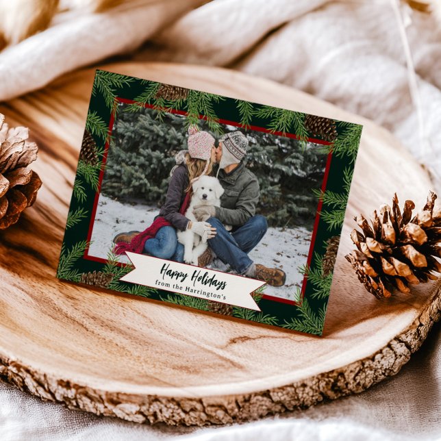 Watercolor Pine Winter Holiday One Photo Card  (Creator Uploaded)