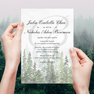 Watercolor Pine Woods Forest Monogram Wedding Invitation