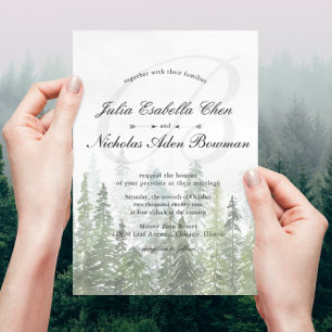Watercolor Pine Woods Forest Monogram Wedding Invitation