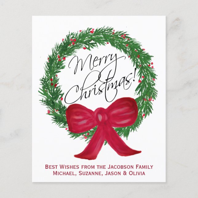 Watercolor Pine Wreath BUDGET Christmas Photo Card (Front)