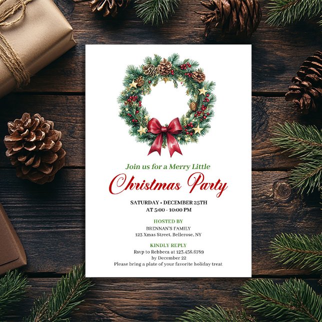 Watercolor Pine Wreath Christmas Party Card (Watercolor Pine Wreath Christmas Party Card)