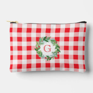 Watercolor Pine Wreath MONOGRAM Red Check Accessory Pouch