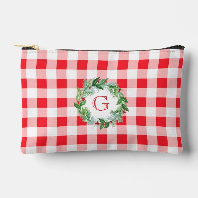 Watercolor Pine Wreath MONOGRAM Red Check  Accessory Pouch (Front)