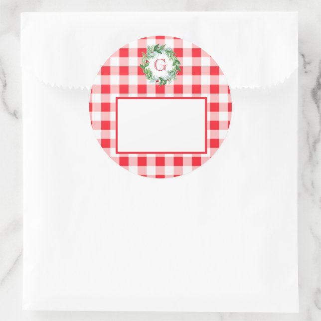 Watercolor Pine Wreath MONOGRAM Red Check  Classic Round Sticker (Bag)