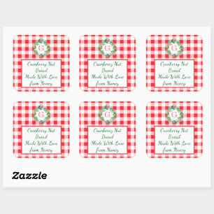 Watercolor Pine Wreath MONOGRAM Red Check Green Square Sticker