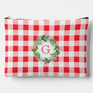Watercolor Pine Wreath MONOGRAM Red Check LG Accessory Pouch