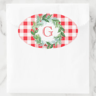 Watercolor Pine Wreath MONOGRAM Red Check  Oval Sticker