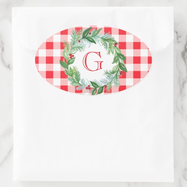 Watercolor Pine Wreath MONOGRAM Red Check  Oval Sticker (Bag)