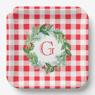 Watercolor Pine Wreath MONOGRAM Red Check Paper Plate