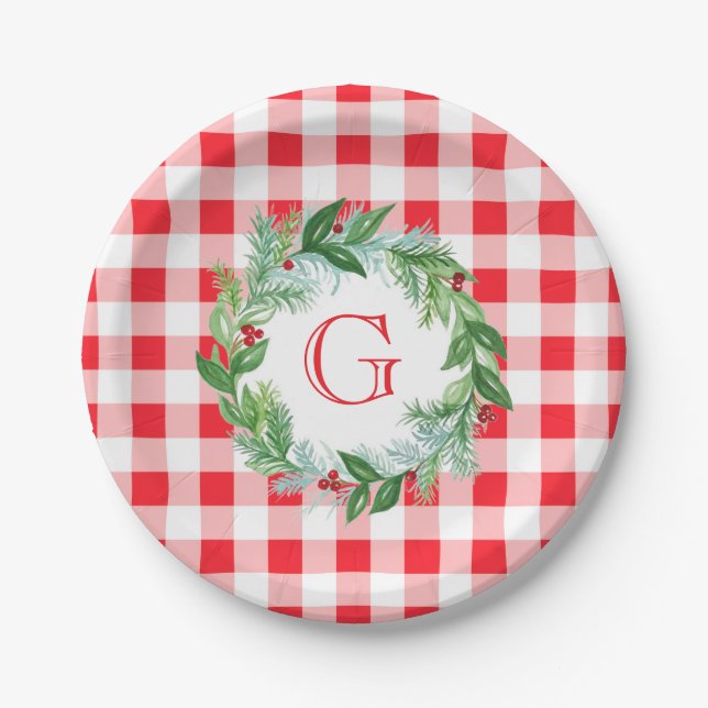 Watercolor Pine Wreath MONOGRAM Red Check Round Paper Plate (Front)