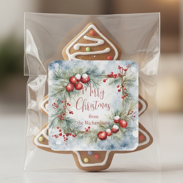 Watercolor Pine Wreath Red Berries Merry Christmas Square Sticker (Creator Uploaded)