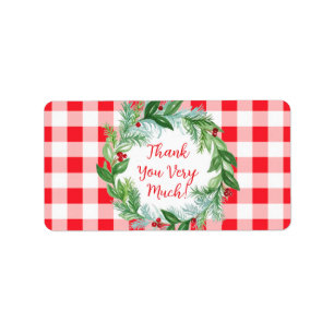 Watercolor Pine Wreath THANK YOU Red Check Label
