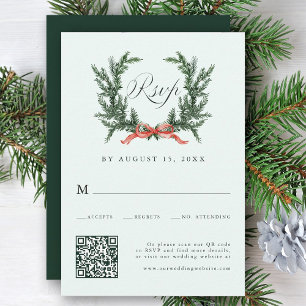 Watercolor Pine Wreath Wedding QR Code Mint Green RSVP Card