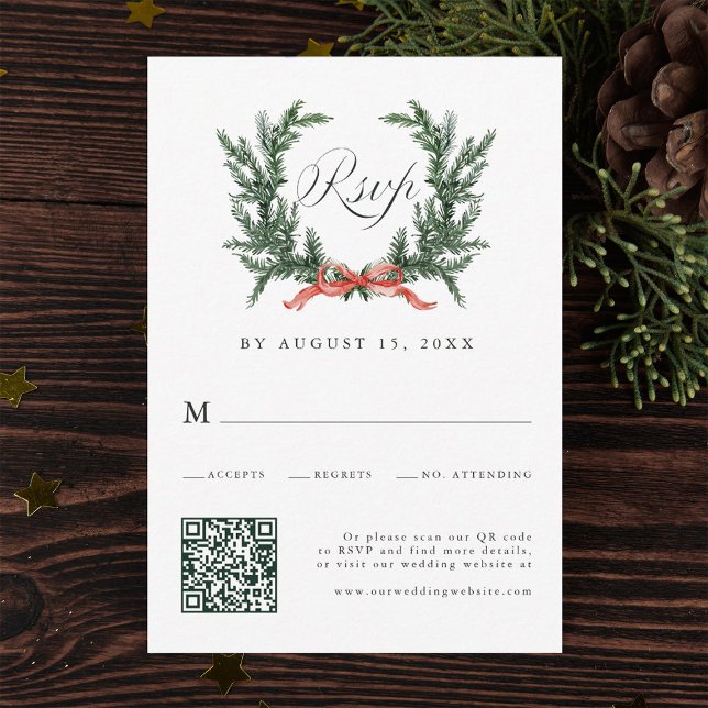 Watercolor Pine Wreath Wedding QR Code RSVP Card (Creator Uploaded)