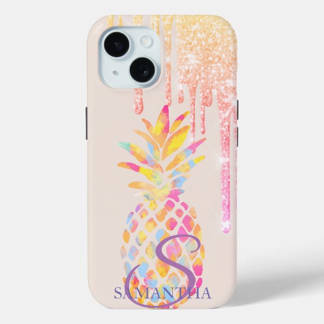 Watercolor Pineapple Glitter Drips Case-Mate iPhone Case (Back)