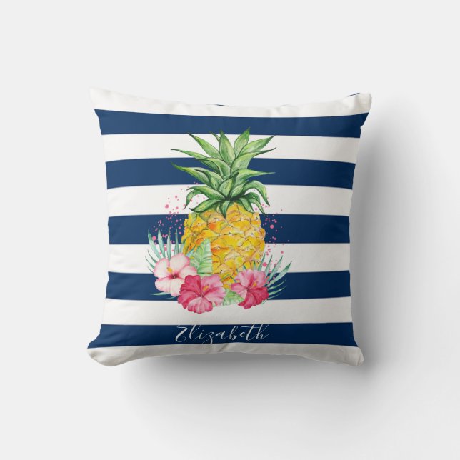 Watercolor Pineapple Hibiscus,Navy Blue Stripe Cushion (Front)