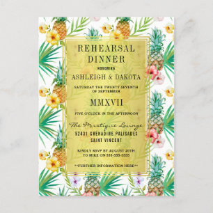 Watercolor Pineapple & Hibiscus Rehearsal Dinner Invitation Postcard