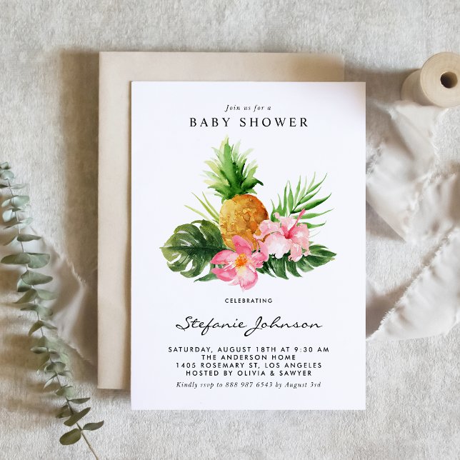 Watercolor Pineapple Hibiscus Tropical Baby Shower Invitation (Customizable tropical baby shower invitation featuring watercolor pineapple, hibiscus and greenery. )