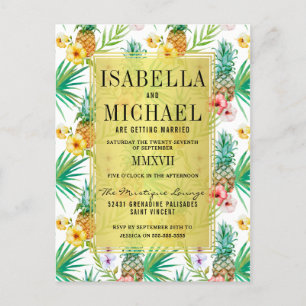 Watercolor Pineapple & Hibiscus Tropical Wedding Invitation Postcard