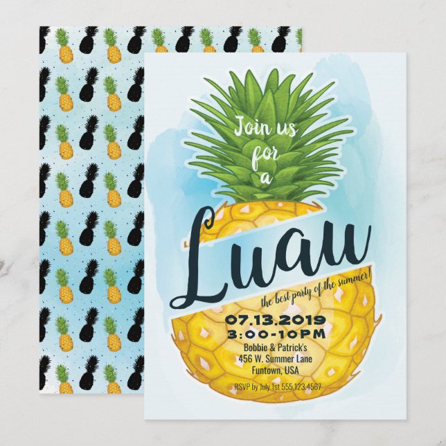 Watercolor Pineapple Luau Summer Party Invitation (Front/Back)