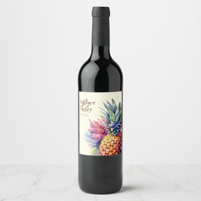 Watercolor Pineapple Name and Date Wine Label (Front)