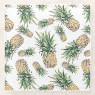 Watercolor Pineapple Pattern Glass Coaster