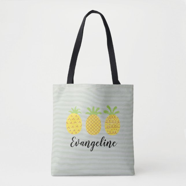 Watercolor Pineapple Trio with Green Pinstripe  Tote Bag (Front)