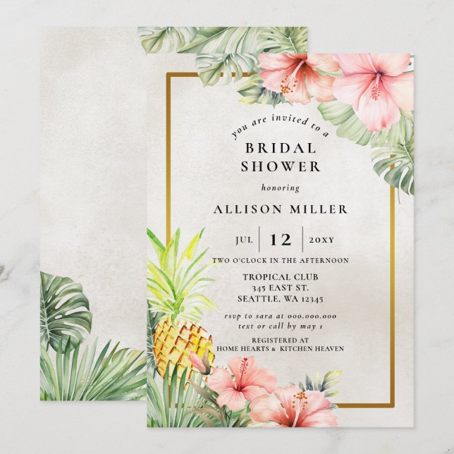 Watercolor Pineapple Tropical Bridal Shower  Invitation (Front/Back)