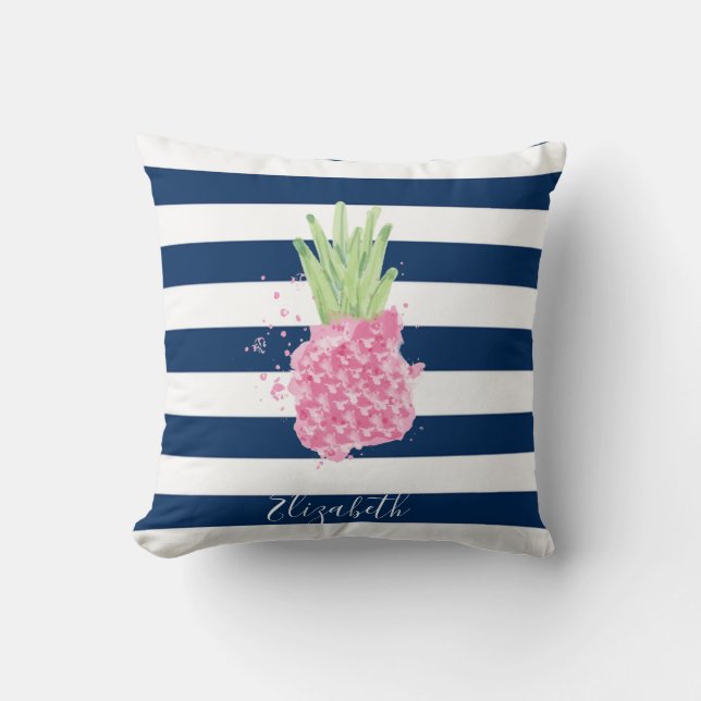Watercolor Pineapple Tropical ,Navy Blue Striped   Cushion (Front)