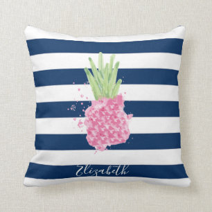 Watercolor Pineapple Tropical ,Navy Blue Striped Cushion