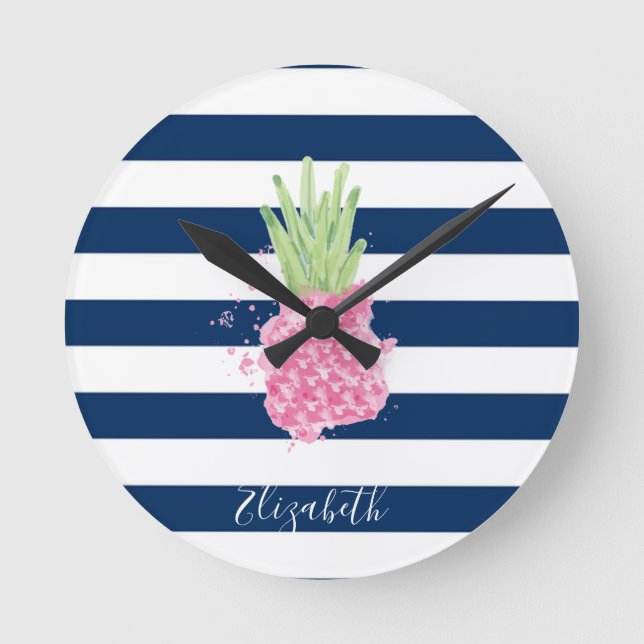 Watercolor Pineapple Tropical ,Navy Blue Striped   Round Clock (Front)