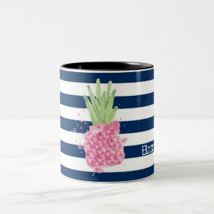 Watercolor Pineapple Tropical ,Navy Blue Striped   Two-Tone Coffee Mug
