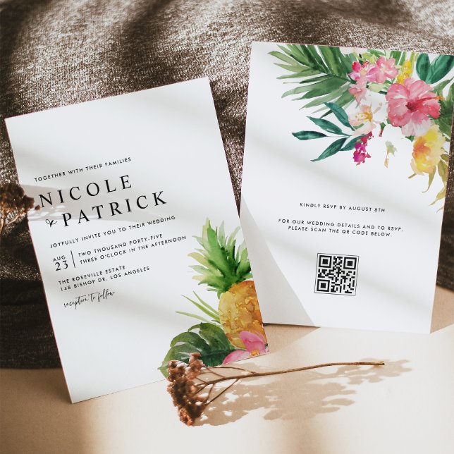 Watercolor Pineapple Tropical QR Code Wedding Invitation (Customizable QR code wedding invitation featuring watercolor pineapple, tropical greenery & flower.)