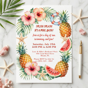 Watercolor Pineapple Tropical Summer Pool Bash Invitation