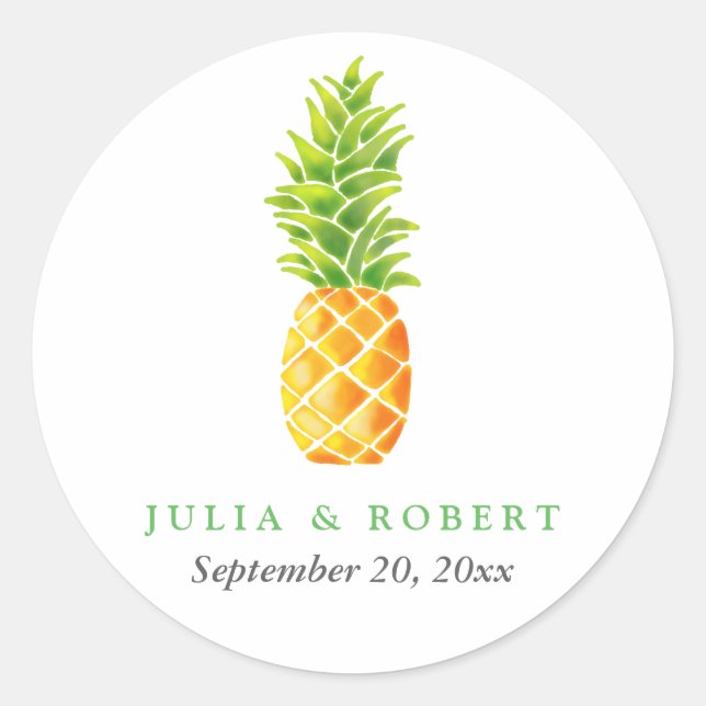 Watercolor Pineapple Wedding Classic Round Sticker (Front)