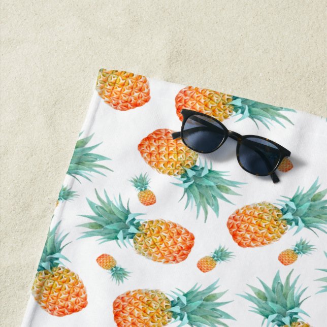 Watercolor Pineapples Pattern White Personalised Beach Towel (In Situ)