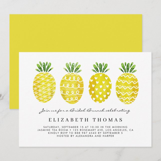 Watercolor Pineapples Tropical Bridal Brunch Invitation (Front/Back)